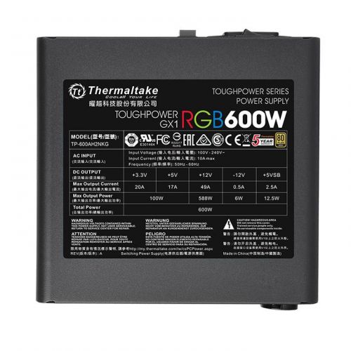 Блок питания ATX Thermaltake Toughpower GX1 RGB 600W PS-TPD-0600NHFAGE-1 600W v.2.4, A.PFS, EPS v2.92, 80 Plus Gold, вентилятор 120мм