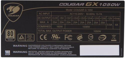Блок питания ATX Cougar GX1050 1050W, PCIe-6, aPFC, 140mm Fan, 80Plus Gold, Retail