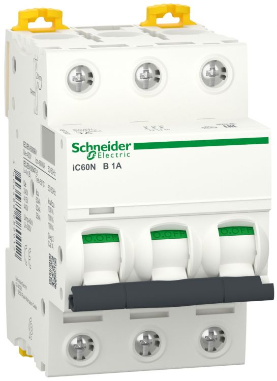 

Автоматический выключатель Schneider Electric A9F73301 Acti9 - 3P, тип хар-ки B, 1 А, 400 В AC/DC, 6кА, A9F73301