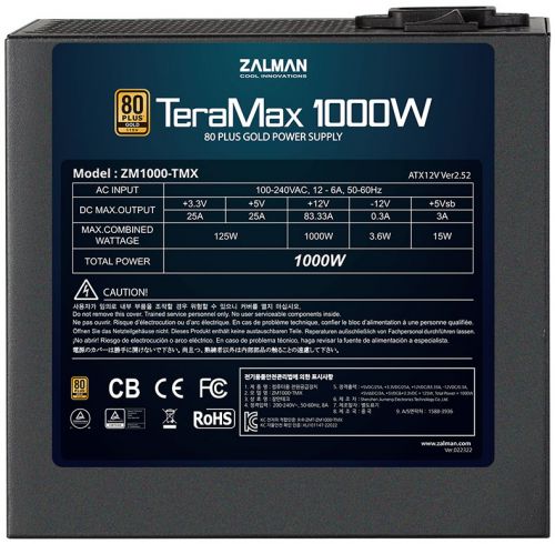 Блок питания ATX Zalman TeraMax 1000W, APFC, 120mm fan, 80+ Gold, full modular, Retail