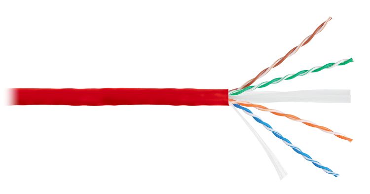 

Кабель витая пара U/UTP 6 кат. 4 пары NIKOLAN NKL 4140C-RD 23AWG(0.55 мм), медь, одножильный (solid), внутренний, LSZH, нг(A)-HFLTx, красный, уп/305м, NKL 4140C-RD