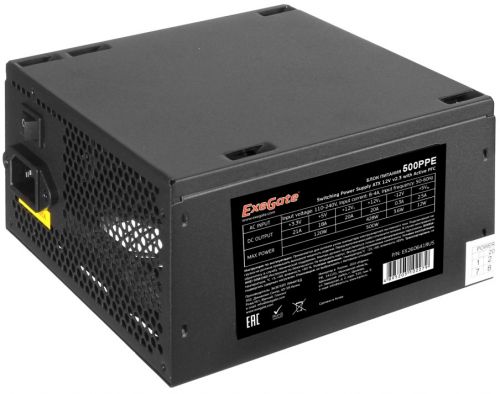 Блок питания ATX Exegate 500PPE EX260641RUS-PC 500W, PC, black, APFC, 12cm, 24p+(4+4)p PCI-E, 3*IDE, 5*SATA, FDD + кабель 220V в комплекте