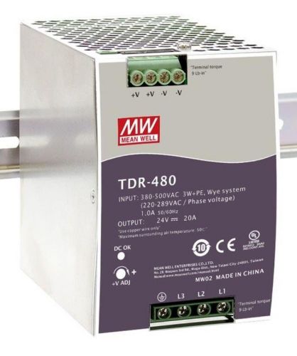 Преобразователь AC-DC сетевой Mean Well TDR-480-24 480Вт, ККМ, 3-х фазный, вход 340…550В AC /480…780В DC, выход 24В/20A, рег. вых 24...28В, изоляция 3