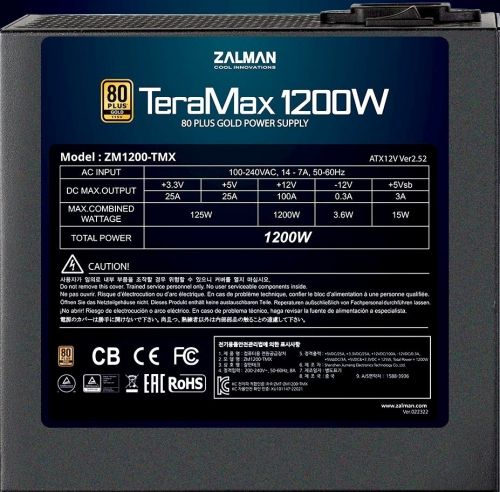 Блок питания ATX Zalman TeraMax 1200W, ATX, APFC, 120mm fan, 80+ Gold, full modular, Retail