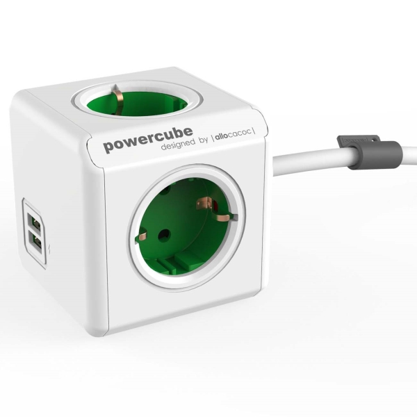 Удлинитель сетевой Allocacoc PowerCube Extended 1402GN/DEEUPC на 4 розетки + двойной USB-порт для зарядки мобильных устройств 1.5 м, зелёный