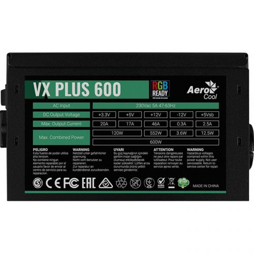 Блок питания ATX AeroCool VX Plus 600W RGB 4718009150911 600W (ATX 2.3, 120mm fan, RGB-подсветка) Box