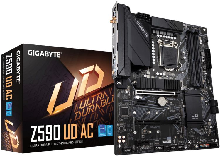 

Материнская плата ATX GIGABYTE Z590 UD AC (LGA1200, Z590, 4*DDR4(5333), 5*SATA 6G RAID, 3*M.2, 3*PCIE, 7.1CH, 2.5Glan, WiFi, BT, DP, 7*USB 3.2/USB Typ, Z590 UD AC