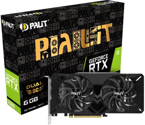 

Видеокарта PCI-E Palit GeForce RTX 2060 Dual OC 6GB GDDR6 192bit 12nm 1365/14000MHz DVI/HDMI/DP RTL, GeForce RTX 2060 Dual OC