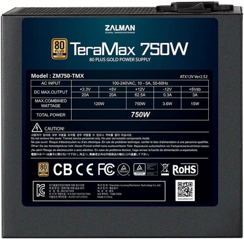 Блок питания ATX Zalman TeraMax 750W, APFC, 120mm fan, 80+ Gold, full modular, Retail