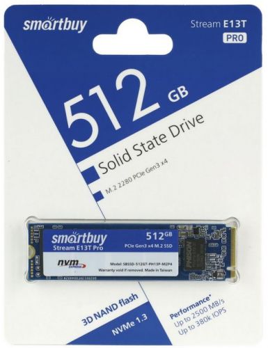 Накопитель SSD M.2 SmartBuy SBSSD-512GT-PH13P-M2 P4  512GB, Stream E13T Pro, PCI-E x4, up to 2500/2100MBs, NVMe, 3D TLC, PS5013T, 22х80мм