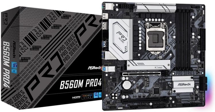 

Материнская плата mATX ASRock B560M PRO4 (LGA1200, B560, 4*DDR4(4800), 6*SATA 6G, 2*M.2, 3*PCIE, 7.1CH, Glan, HDMI, DP, 6*USB 3.2/2*USB Type-C), B560M PRO4