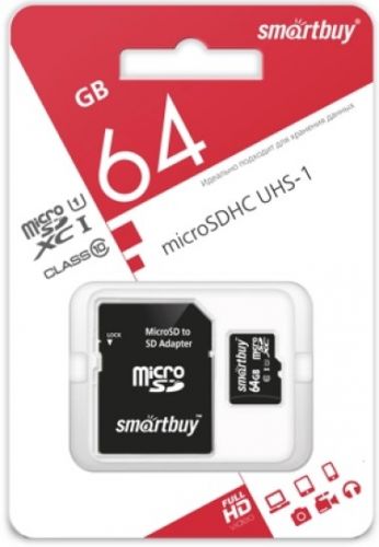 Карта памяти 64GB SmartBuy SB64GBSDCL10-01_C Class 10 UHS-I, SD адаптер COMPACT
