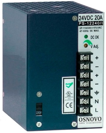 Блок питания OSNOVO PS-12240/I промышленный. DC12V, 20A (240W). Диапазон входных напряжений: AC115, 230V. КПД: 80%. Регулировка выходного напряжения в