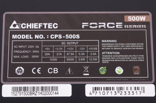 Блок питания ATX Chieftec CPS-500S 500W aPFC, 120mm FAN, КПД 80+, Ret