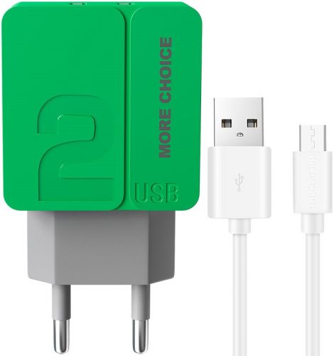 Зарядное устройство сетевое More Choice NC46m 2*USB 2.4A для micro USB 1м Green, цвет зелёный