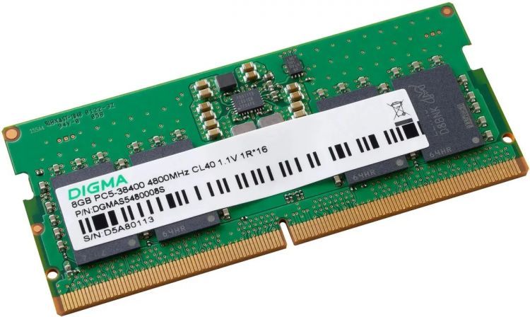 Модуль памяти SODIMM DDR5 8GB Digma DGMAS5480008S PC5-38400 4800MHz CL40 262-pin 1.1В single rank Ret оперативная память hp 2gb 1x2gb single rank x8 pc3l 10600e [647905 s21]