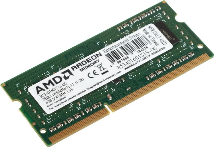 

Модуль памяти SODIMM DDR3 4GB AMD R534G1601S1S-UG PC3-12800 1600MHz CL11 1.5V Ret, R534G1601S1S-UG