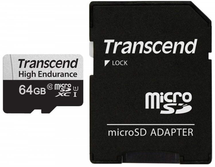 

Карта памяти MicroSDXC 64GB Transcend TS64GUSD350V Class 10, UHS-I U1, High Endurance, (SD адаптер), R/W: 100/45 MB/s, 3D TLC, TS64GUSD350V