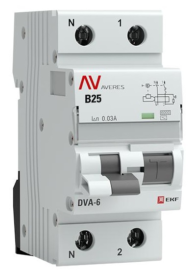 

Автомат дифференциальный EKF rcbo6-1pn-25B-30-ac-av DVA-6 1P+N 25А (B) 30мА (AC) 6кА AVERES, rcbo6-1pn-25B-30-ac-av