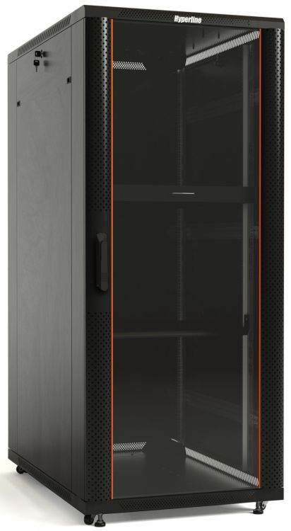 Шкаф напольный 19, 42U Hyperline TTB-4266-AS-RAL9004 2055x600х600мм(ВхШхГ), передняя стеклянная дверь со стальными перфор. боковинами, задняя дверь с