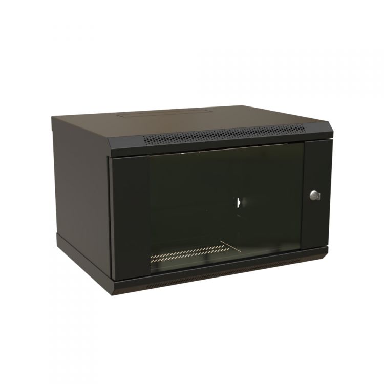 цена Шкаф настенный 19, 6U WRLine WR-TW-0645-GP-RAL9004 367x600х450мм, стеклянная дверь, цвет черный (RAL 9004) (разобранный)