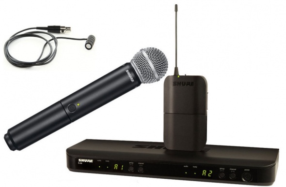 

Микрофонная система Shure BLX1288E/W85-M17 беспроводная, двухканальная, с петличным микрофоном WL185 и ручным передатчиком SM58. Частота UHF 662-686 М, BLX1288E/W85-M17