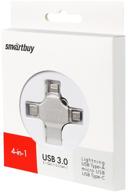 

Накопитель USB 3.0 128GB SmartBuy SB128GBMC15 MC15 Metal Quad 4-in-1 (Lightning + USB Type-A + USB Type-C + micro USB) серебро металл, SB128GBMC15