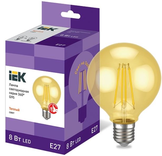 

Лампа светодиодная IEK LLF-G95-8-230-30-E27-CLG филаментная G95 шар золото 8Вт 230В 2700К E27 серия 360°, LLF-G95-8-230-30-E27-CLG