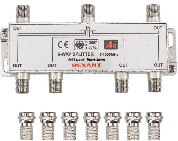 

Сплиттер Rexant 05-6104 ТВ "краб" x 6 + 7шт. F "BOX" 5-1000 МГц "Silver", 05-6104