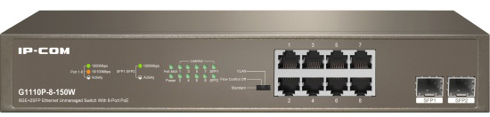 

Коммутатор неуправляемый IP-Com G1110P-8-150W 8x10/100/1000 PoE (PoE бюджет 130Вт), 1x10/100/1000, 1х1000 SFP, L3, 19", G1110P-8-150W