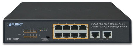 

Коммутатор PoE Planet FSD-1008HP 8-Port 10/100TX 802.3at PoE + 2-Port 10/100TX Desktop Switch (120W PoE Budget, Standard/VLAN/Extend mode, fanless, 10, FSD-1008HP