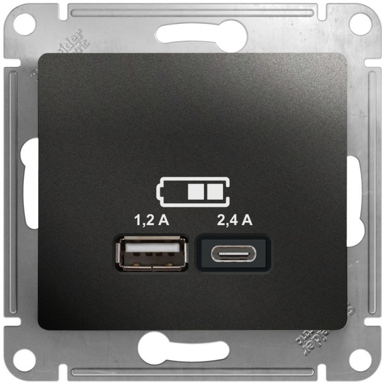 

Розетка USB Systeme Electric GSL000739 Glossa А+С, 5В/2,4А, 2х5В/1,2 А, механизм, антрацит, GSL000739