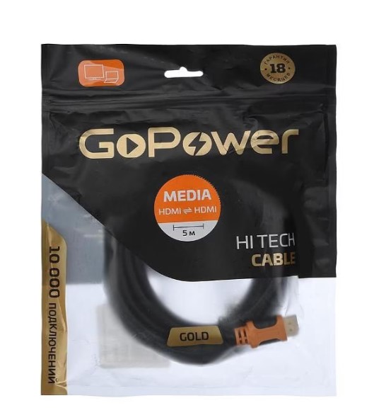 

Кабель интерфейсный HDMI-HDMI GoPower 00-00027310 (M)-(M) 5.0M BLACK, 00-00027310