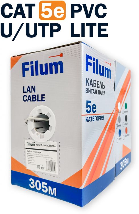 

Кабель витая пара U/UTP 5e кат. 4 пары Filum FL-LITE-5E-UUTP4-24AWG-PVC-305-GY 24AWG, чистая медь, коробка 305м, PVC, серый, FL-LITE-5E-UUTP4-24AWG-PVC-305-GY