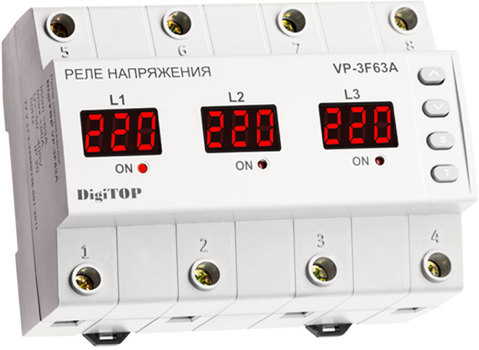 Реле напряжения DigiTOP Vp-3F63A Измеряемое напряжение 50-400 В, номинальный ток 63 А, максимальный