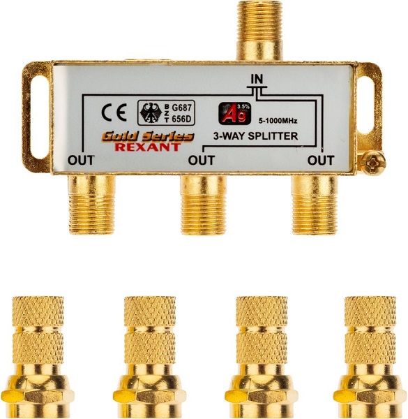 

Сплиттер Rexant 05-6102-1 ТВ х 3 + 4шт. F "BOX" 5-1000 МГц "GOLD", 05-6102-1