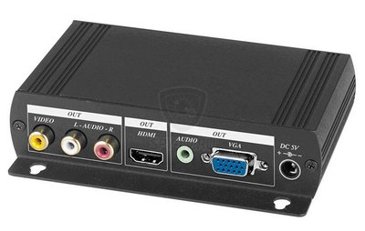 Преобразователь SC&T AD001HH аудио и композитного видеосигнала в VGA и HDMI. Входы - композитный видео и стереоаудио. Выходы - композитный видео и сте