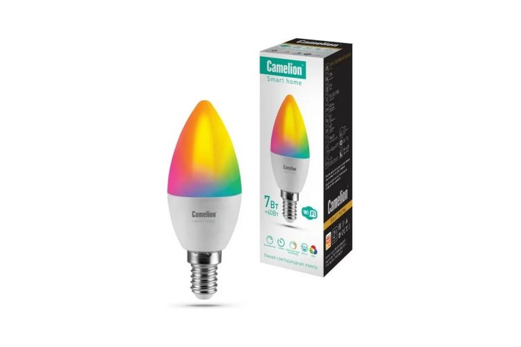 

Лампа Camelion 14500 светодиодная LSH7/С35/RGBCW/Е14/WIFI (7Вт Е14 RGB+DIM+CW 220В WiFi), 14500