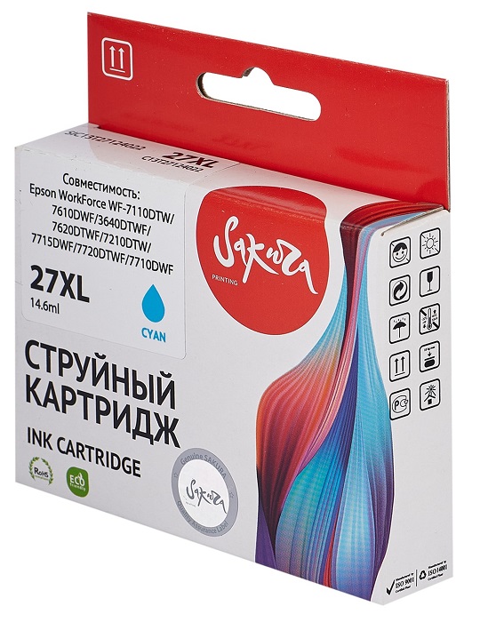 Картридж Sakura SIC13T27124022 струйный, увеличенный для Epson WorkForce WF-7110DTW/7610DWF/3640DTWF/7620DTWF/7210DTW/7715DWF/7720DTWF/7710DWF, голубо