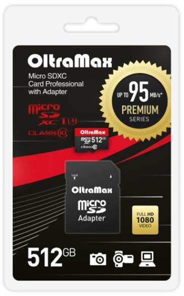 

Карта памяти MicroSDXC 512GB OltraMax OM512GCSDXC10UHS-1-PrU3 Class 10 Premium UHS-I U3 (95 Mb/s) + SD адаптер, OM512GCSDXC10UHS-1-PrU3