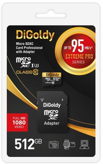 

Карта памяти MicroSDXC 512GB DiGoldy DG512GCSDXC10UHS-1-ElU3 Class 10 Extreme Pro UHS-I U3 (95 Mb/s) + SD адаптер, DG512GCSDXC10UHS-1-ElU3