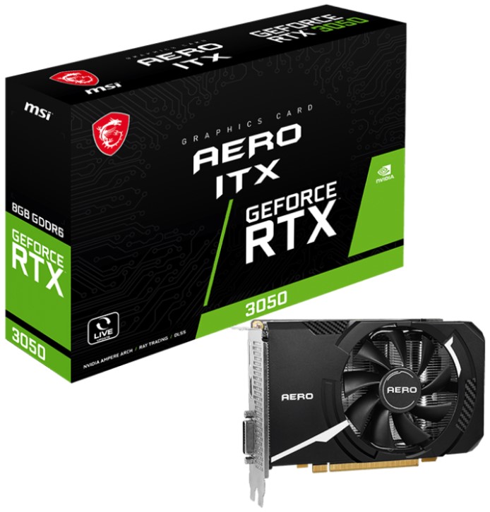 Видеокарта PCI-E MSI GeForce RTX 3050 AERO ITX (RTX 3050 AERO ITX 8G V1) 8GB GDDR6 128bit 8nm 1552/14000MHz HDMI/DP/DVI-D msi rx 550 aero itx 4g oc