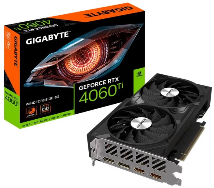 

Видеокарта PCI-E GIGABYTE GeForce RTX 4060 Ti WINDFORCE OC (GV-N406TWF2OC-8GD) 8GB GDDR6 128bit 5nm 2310/18000MHz 2*HDMI/2*DP, GeForce RTX 4060 Ti WINDFORCE OC (GV-N406TWF2OC-8GD)