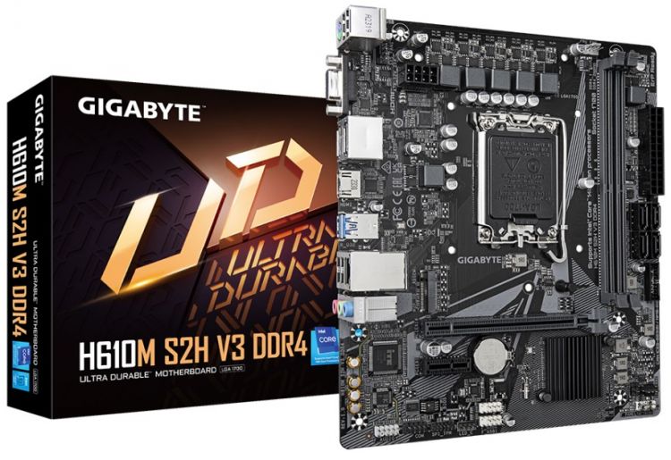 Материнская плата mATX GIGABYTE H610M S2H V3 DDR4 (LGA1700, H610, 2*DDR4 (3200), 4*SATA 6G, M.2, 2*PCIE, Glan, HDMI, D-Sub, 2*DP, 2*USB 3.2, 4*USB 2.0