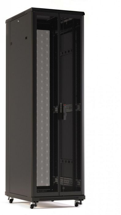 Шкаф напольный 19, 42U Hyperline TTR-4281-DD-RAL9005 2055x800х1000 мм (ВхШхГ), передняя и задняя распашные перфорированные двери (75%), ручка с замко шкаф напольный 19 42u toplan top mdx r 42u80 100 prpr bk серверный 800x1000 передняя и задняя дверь распашные перфорированные ножки черный