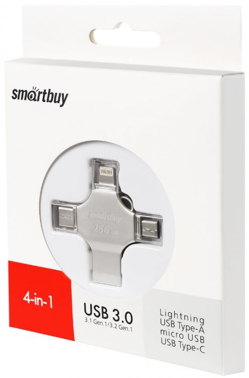 

Накопитель USB 3.0 256GB SmartBuy SB256GBMC15 MC15 Metal Quad 4-in-1 (Lightning + USB Type-A + USB Type-C + micro USB) серебро металл, SB256GBMC15