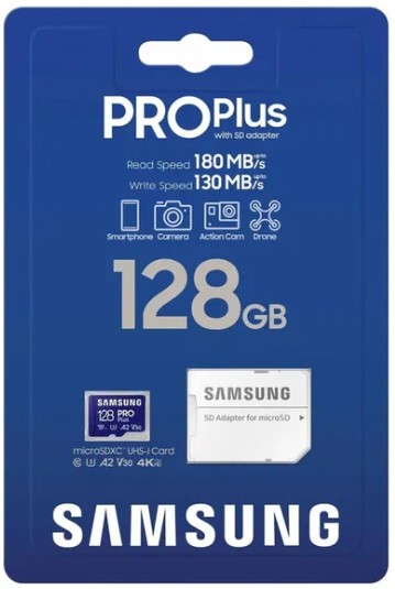 

Карта памяти MicroSDXC 128GB Samsung MB-MD128SA/APC PRO Plus C10, A2, V30, UHS-I (U3), 120/160 МБ/с, адаптер на SD, MB-MD128SA/APC