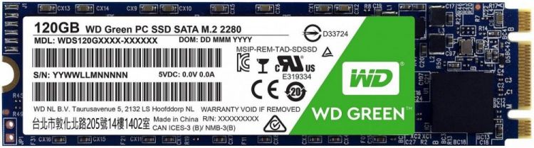 

Накопитель SSD M.2 2280 Western Digital WDS120G2G0B WD Green 120GB SATA 6Gb/sTLC 3D NAND 545MB/s MTTF 1M Retail, WDS120G2G0B