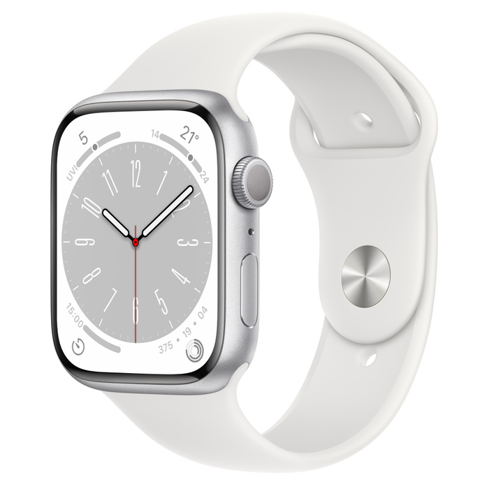 

Часы Apple Watch Series 8 GPS 45mm Silver Aluminum Case with White Sport Band - S/M, Watch Series 8 GPS 45mm