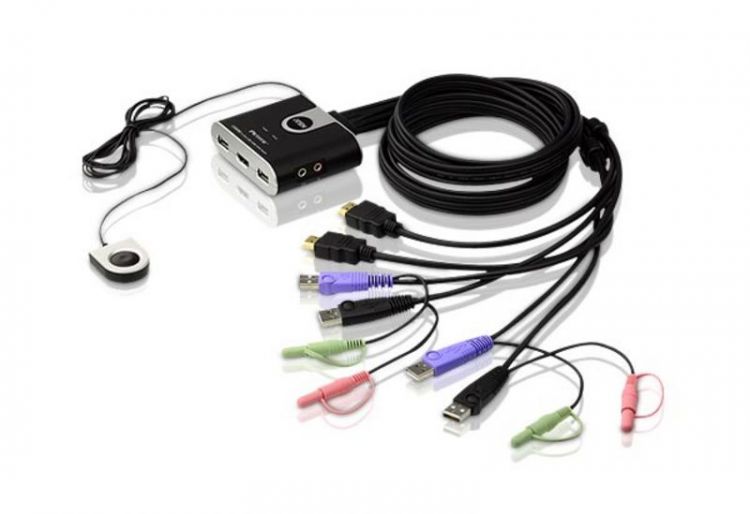 цена Переключатель Aten CS692-AT switch, электрон, HDMI+KBD+MOUSE+AUDIO, 1> 2 компьютера/блока/порта/port USB, со встр. KVM-шнурами USB+Audio 2x1.2м
